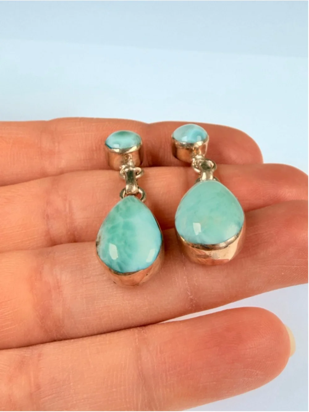 Natural 16.6 CT Larimar Caribbean Blue Sterling Silver 925 Dangle Earrings 1.3" - Picture 4 of 9